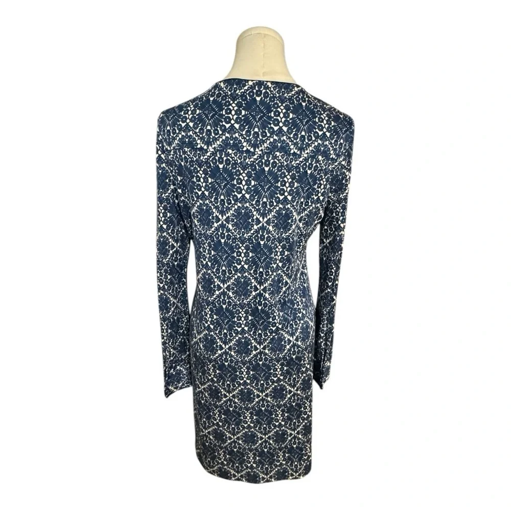 TORY BURCH Walker Long Sleeve‎ Fitted Mini Dress Navy Blue White Size M Keyhole